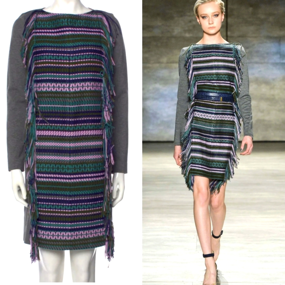 Lela Rose Fringe Wool Tunic Dress 4 Small Striped Tribal Embroidered